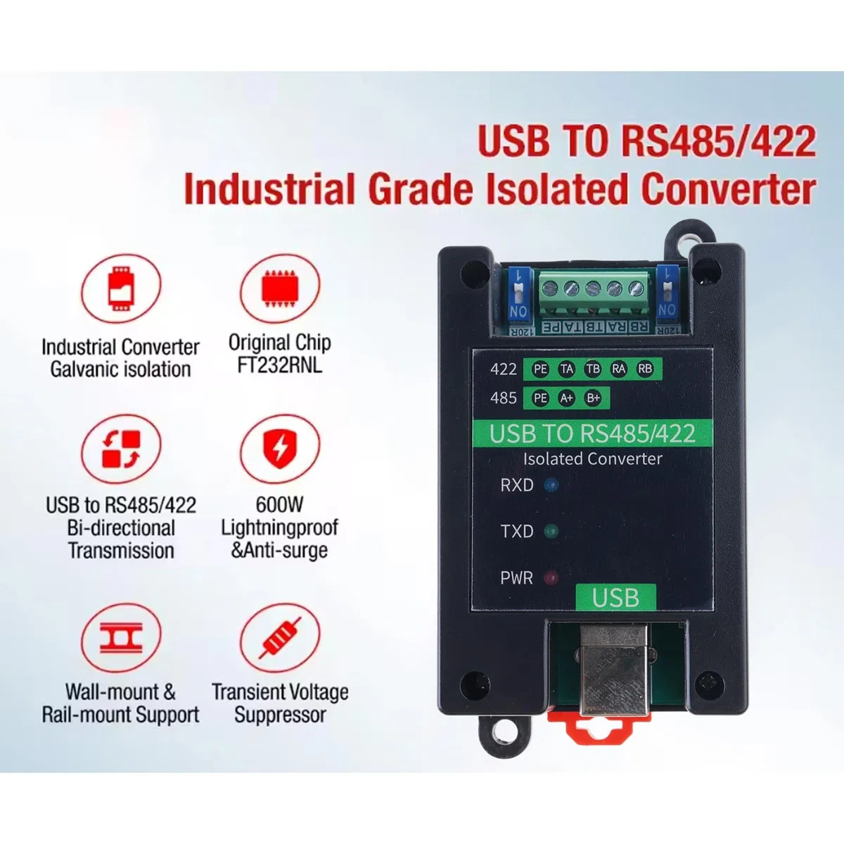 Przemysłowe adaptery USB na RS485 z transmisją na duże odległości 1200 m, ochrona IP30, do sterowania automatyką, zastosowanie przemysłowy adapter komunikacyjny