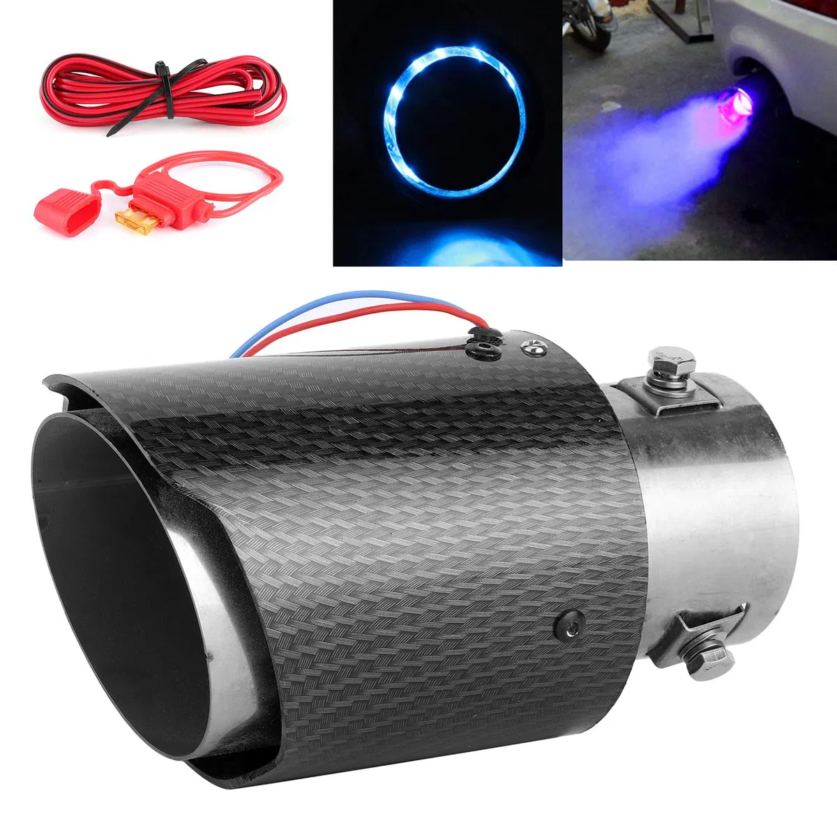 Tłumik tylny rury wydechowej LED końcówka wykończenia samochodu zamiennik wlot 63 mm wyjście 90 mm (niebieskie światło)